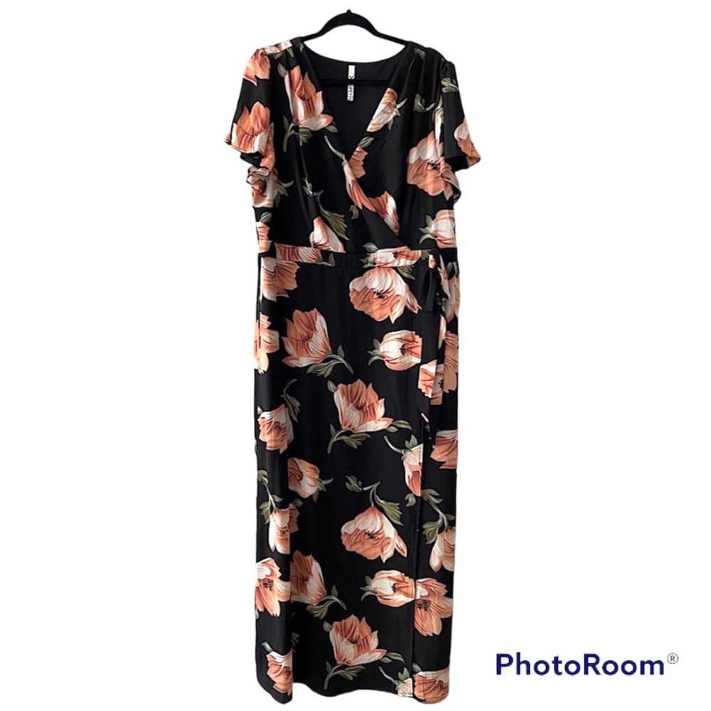 R N B Black Floral Faux Wrap Maxi Dress Women’s Size 2X
